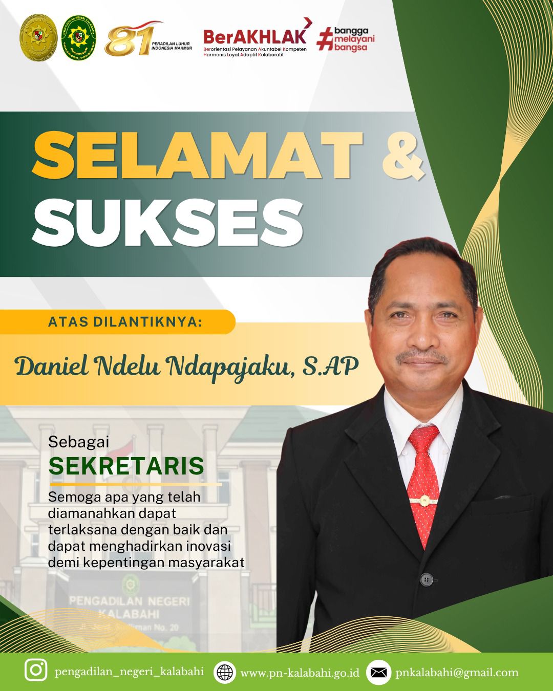 pelantikan bapak Daniel Ndelu Ndapajaku, S.AP sebagai Sekretaris Pengadilan Negeri Kalabahi