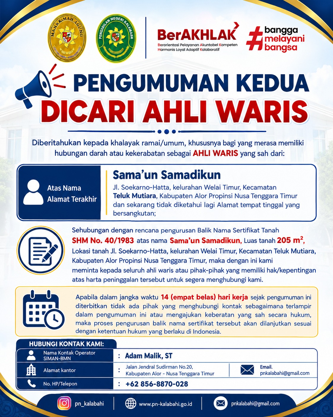 Pengumuman Kedua Dicari Ahli Waris
